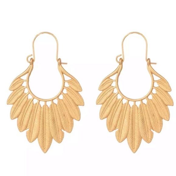 Feather Hoop Earrings Bohemian Boho Filigree Gold - Picture 1 of 4